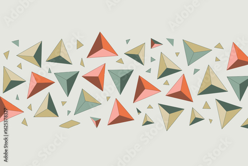 A pattern of various sized multicolored triangular pyramids scattered on a light background creating a border