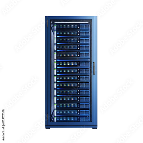 Blue server rack against black background illustrating data center infrastructure