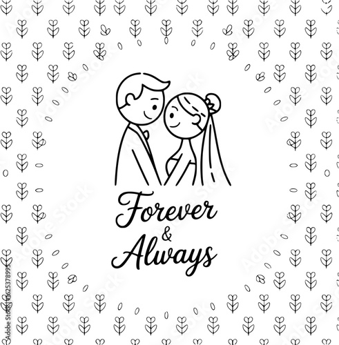 Forever and Always: A heartfelt illustration, celebrating the eternal bond of matrimony, where a pair of lovers stand side-by-side, radiating pure happiness, and sealed with the promise of forever. 