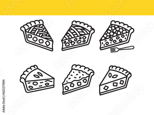 A collection of hand-drawn pie slice icons in a simple black and white line art style, featuring assorted fruit fillings and lattice crusts for bakery or dessert themes.
