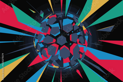 A graphic illustration of a fragmented sphere with colorful rays emanating from a dark background design