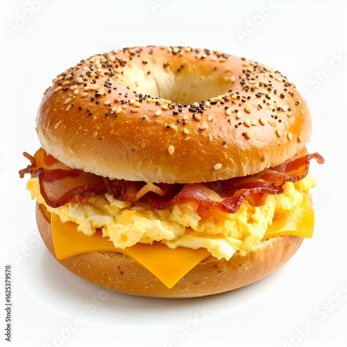 Delicious everything bagel breakfast sandwich with egg and bacon culinary treat on white background