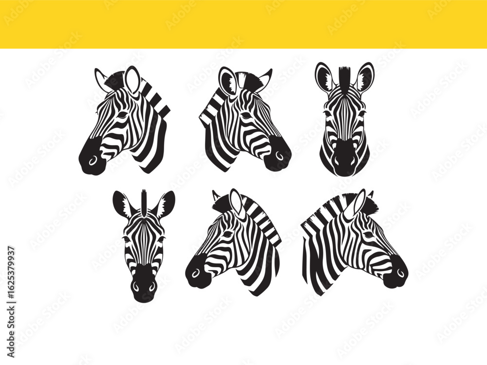 Fototapeta premium A diverse collection of six stylized zebra head illustrations, perfect for logos, icons, and graphic design elements.