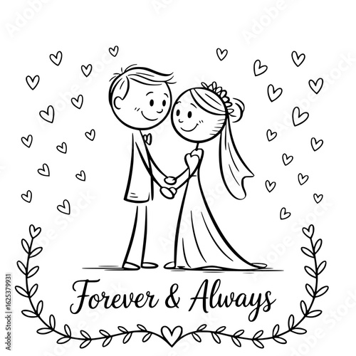 Everlasting Love: Two stick figures, the bride and groom, stand hand-in-hand, encircled by hearts and foliage, embodying the sentiment Forever & Always. It's a heartfelt illustration.