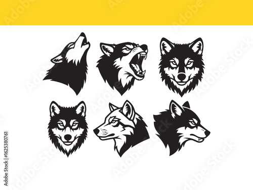 A collection of fierce wolf head mascots and icons. Vector graphics of howling, angry, and stoic wolves for emblem design.