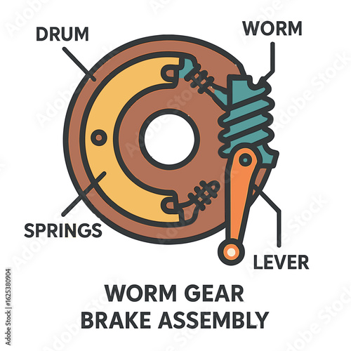 Worm gear brake assembly diagram with labeled parts for mechanical engineering