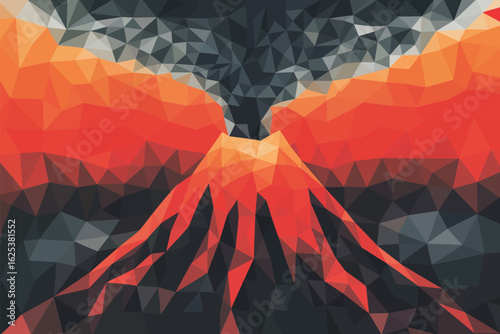 An abstract polygonal illustration of a volcano erupting with smoke and lava in shades of orange and gray