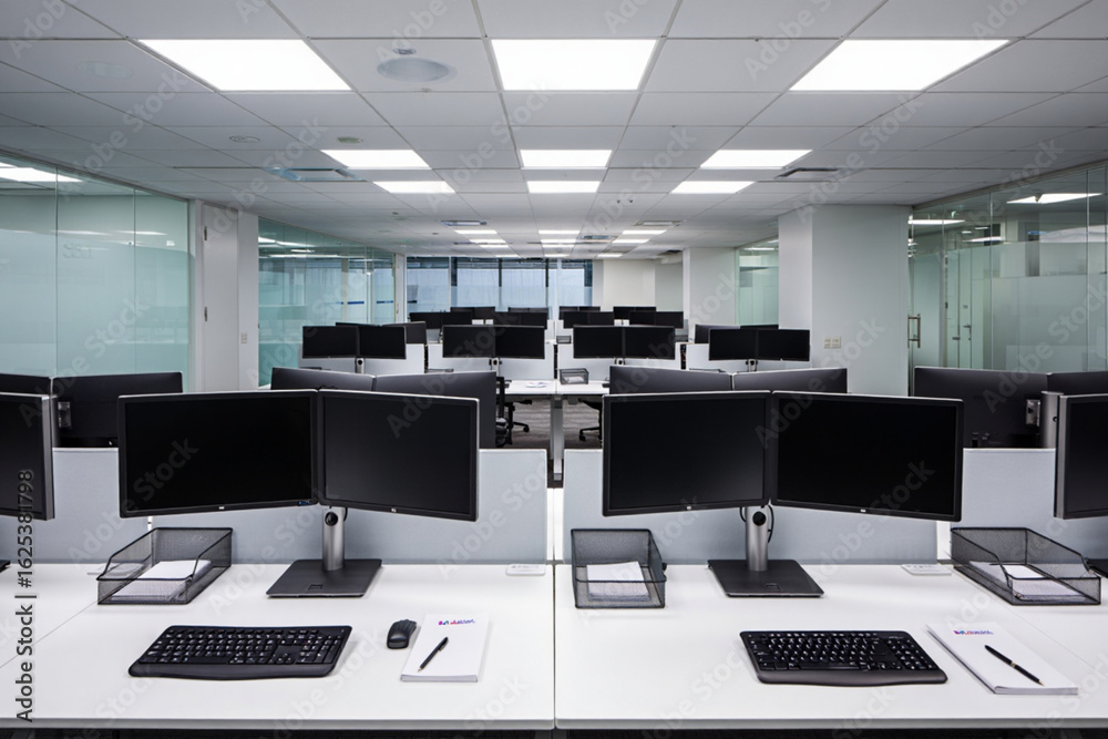 Modern Bright Office Workspace: Rows of Computers, Minimalist Design, Professional Atmosphere Modern Bright Office Workspace: Rows of Computers, Minimalist Design, Professional Atmosphere