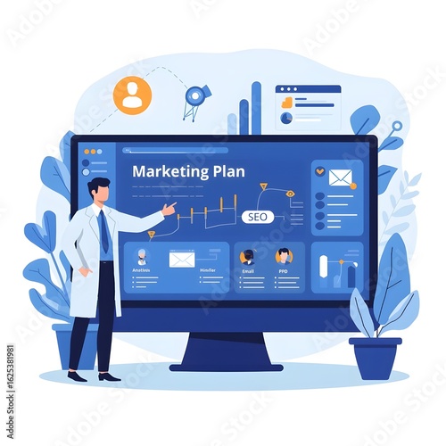 A professional and modern flat illustration showing digital marketing strategic planning