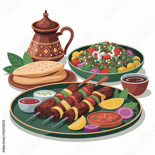 Middle Eastern Food Platter – Kebab and Mezze Vector