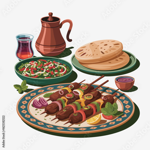 Middle Eastern Food Platter – Kebab and Mezze Vector