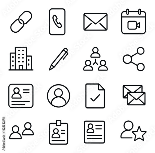 Communication linear icon set: phone, email, calendar, contacts, networking, more