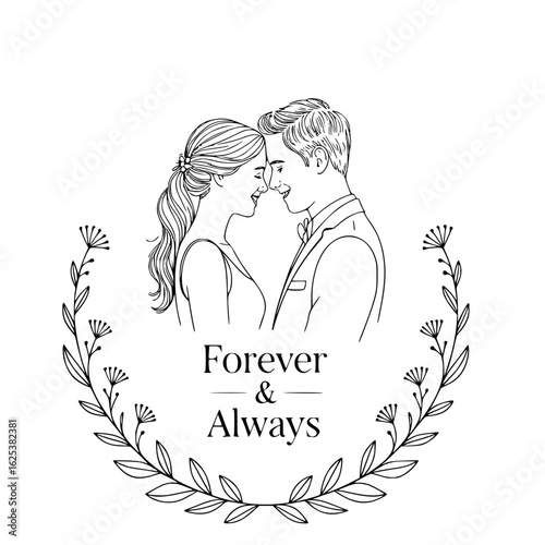 Eternal Bond: A romantic sketch portrays a couple, faces tenderly close, framed by a delicate floral wreath, symbolizing enduring love and commitment. The artwork whispers of a Forever & Always