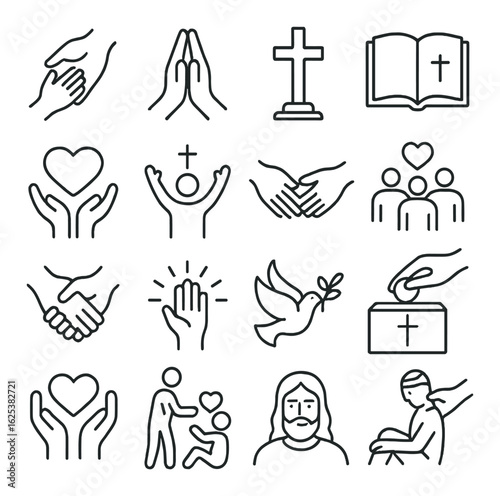 Collection of christian symbols: cross, dove, praying hands, bible, baptism, jesus