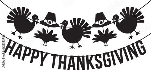 Happy Thanksgiving banner silhouette vector with turkeys and pilgrim hats.