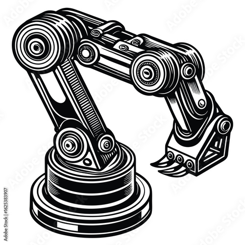 Engraved style black and white robotic arm with claw