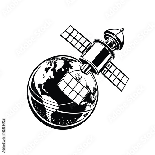 Satellite orbiting planet Earth in black and white