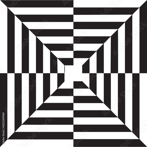 Abstract optical illusion of a black and white checkered tunnel receding into a bright white square in the distance