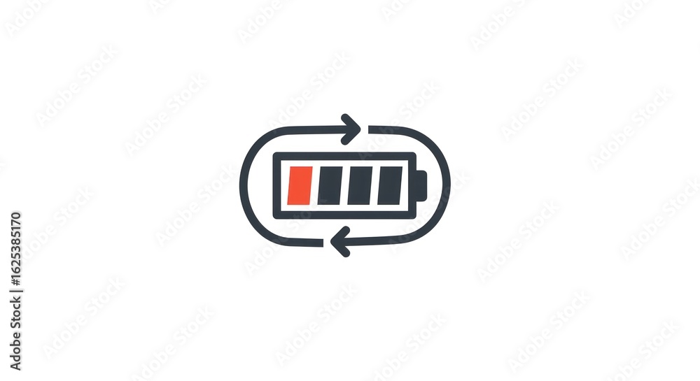 Battery Charging Icon with Arrows, Low Power, Energy Concept, White Background. Battery Charging Icon with Arrows, Low Power, Energy Concept, White Background.
