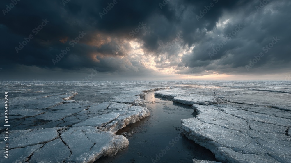 Fototapeta premium dramatic scene of melting glaciers under a cloudy sky, cracks forming in the ice, global warming concept
