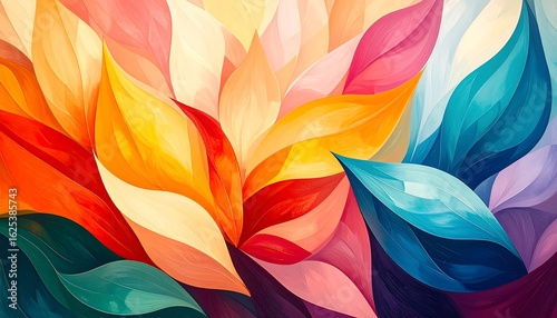 Vibrant abstract background of colorful, overlapping flower petals with a rich painterly texture. A dynamic composition of warm and cool tones creating a fluid, artistic design.