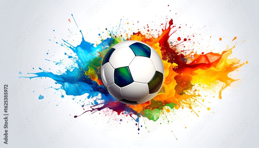 Fototapeta premium An energetic soccer ball bursts with a dynamic explosion of vibrant, colorful liquid paint. Abstract blue, red, and orange splashes create a powerful sports concept on a clean white background.