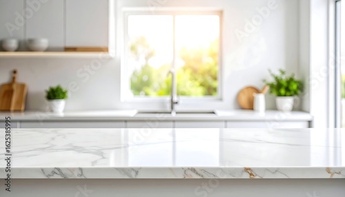 Elegant white marble kitchen countertop with a glossy finish, providing an empty space for product placement. The background is a bright, modern kitchen interior with a sun-drenched window.
