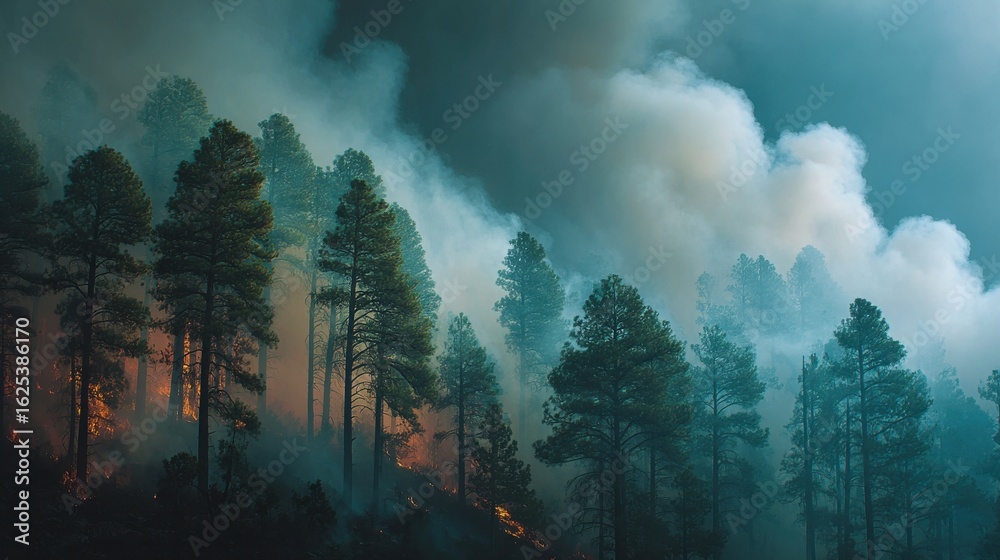 Fototapeta premium forest burning due to extreme heat, thick smoke and ash clouds, climate disaster