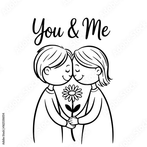 Eternal bond of Two Souls: An intimate illustration encapsulates the tender embrace, of You & Me with each figure cradling a flower, conveying a timeless expression of endearment.