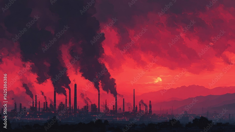 Obraz premium industrial skyline pumping black smoke into a red sky, global warming industrial cause