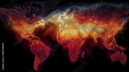 heat map overlay on global surface, red zones spreading, global warming visualization