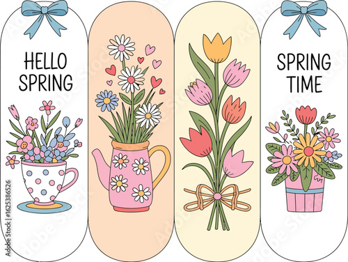 Set of four cheerful spring-themed bookmarks or tags. Vector illustration with cute hand-drawn flowers and bows.