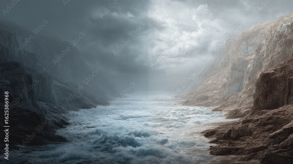 Fototapeta premium surreal melting glacier landscape, distorted ice forms, dramatic lighting, global warming theme 