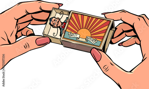 Women's hands hold a box, in it a mustachioed man. Personal recommendations and selections. Random meetings and circumstances.