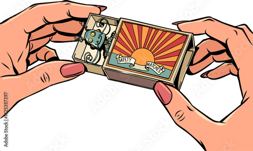 Women's hands hold a matchbox, inside it is a mustachioed robot. AI recommends purchases and trips. Artificial intelligence is everywhere.