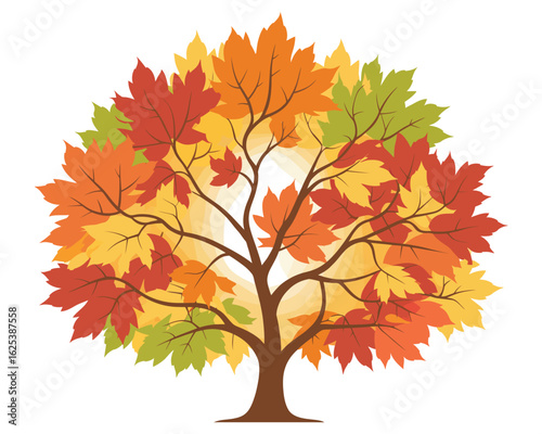 A stylized illustration of a vibrant autumn tree with a lush canopy of colorful red, orange, and yellow maple leaves