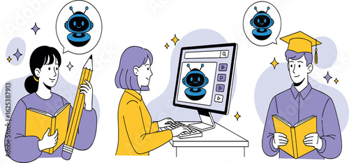 AI technology in education set. Robot assist teachers and students by lesson. Characters use artificial intelligence generative tools for learning, teaching, writing