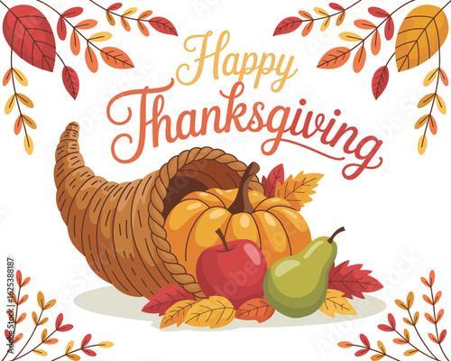 A warm Thanksgiving greeting card design featuring a cornucopia, or horn of plenty, filled with autumn harvest produce.