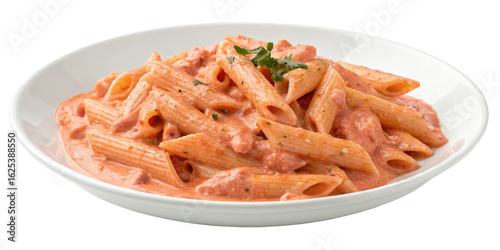 Penne allay Vodka pasta in a pink tomato cream sauce isolated on transparent background.