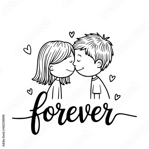 Forever Love Embrace: A tender sketch captures a young couple's first kiss, symbolizing a lifetime of love and romance, encapsulated by the word forever amidst floating hearts.