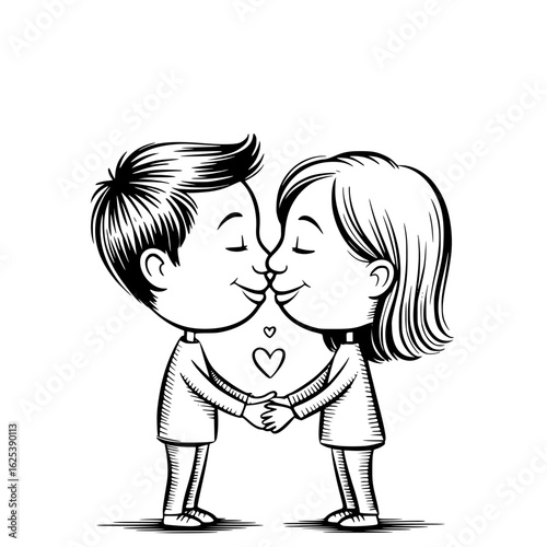 First Kiss: A tender moment captured in line art, depicting a boy and girl sharing their first kiss, symbolizing love, connection, and the sweetness of early romance. 