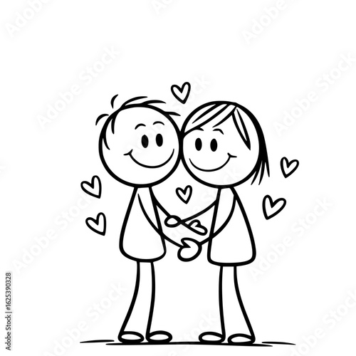 Embracing Bond of Affection: Simple stick figure illustration depicting a loving couple holding hands amidst floating hearts, evoking the essence of love, romance, and togetherness.