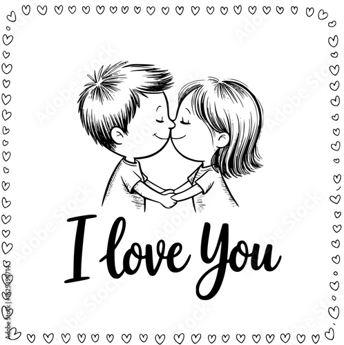 Loving Couple Embrace: A sweet black and white illustration of a young couple embracing, their foreheads touching, with the tender words I love you written below.