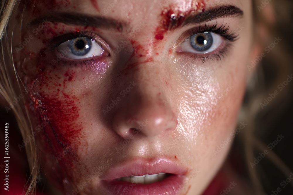 Fototapeta premium Close up of a young woman with bloody wounds on her face, conveying a sense of vulnerability and pain