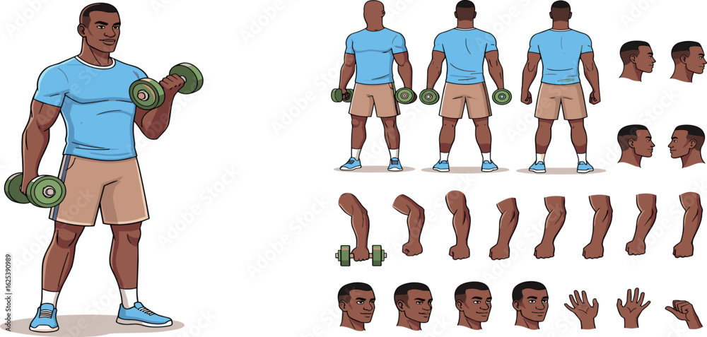 Sporty man wearing fitness clothes holding dumbbells. Character constructor for animation. Front, side and back view set. Body parts, postures, poses collection Sporty man wearing fitness clothes holding dumbbells. Character constructor for animation. Front, side and back view set. Body parts, postures, poses collection