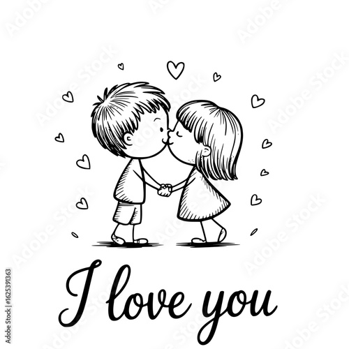 Sweet Embrace: An illustration captures a tender moment as two youngsters, their lips gently meet, encircled by floating heart symbols, and the phrase I love you.