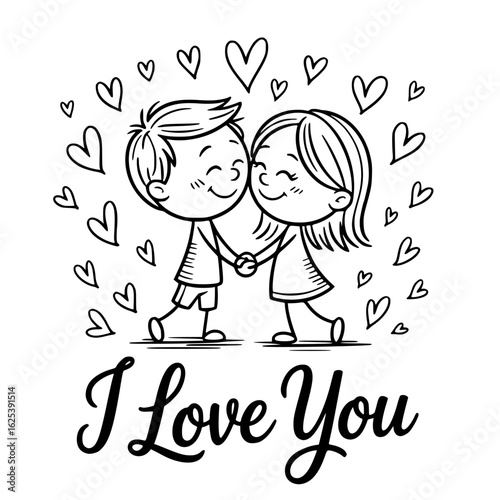 Embracing Love's Sweet Symphony: A tender cartoon couple, amidst hearts, joyfully declares their love, embodying the essence of affection and connection.