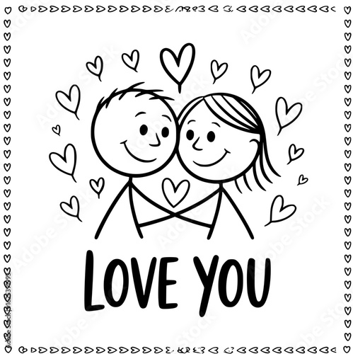 Love You Doodle: An endearing doodle depicts a couple intertwined amidst a cascade of heart symbols, proclaiming Love You in a simple yet heartfelt declaration of affection.