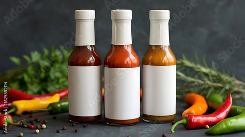 Three bottles of hot sauce with blank labels surrounded by fresh peppers and herbs perfect for branding mockups and culinary content creation