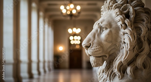 A lion statue stands guard in a grand hall with columns and chandeliers creating an elegant ambiance ai generative